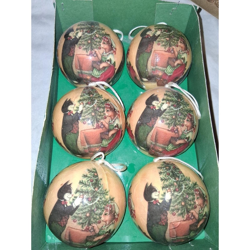 Vintage Set of 6 Papier Mache Christmas Ball Ornaments Cats Decorating Tree 3.5"